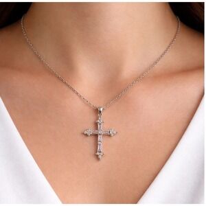 VTG Necklace Cookie Lee Pink Baguette Crystal Cross Pendant Silver Tone 18"